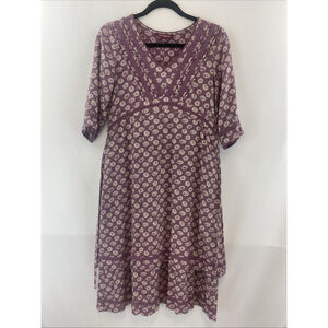 April Cornell Dress Long Floral Tie Waist Cottage Core Peasant Purple Tiered